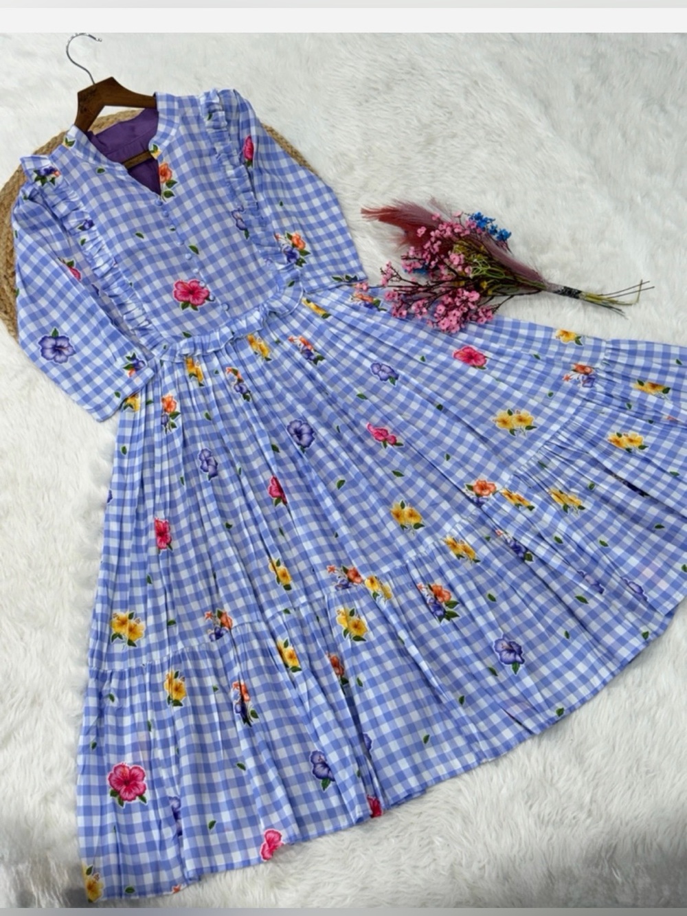 Light Blue Gingham Midi Dress with Floral Print - Picture 2 of 6
